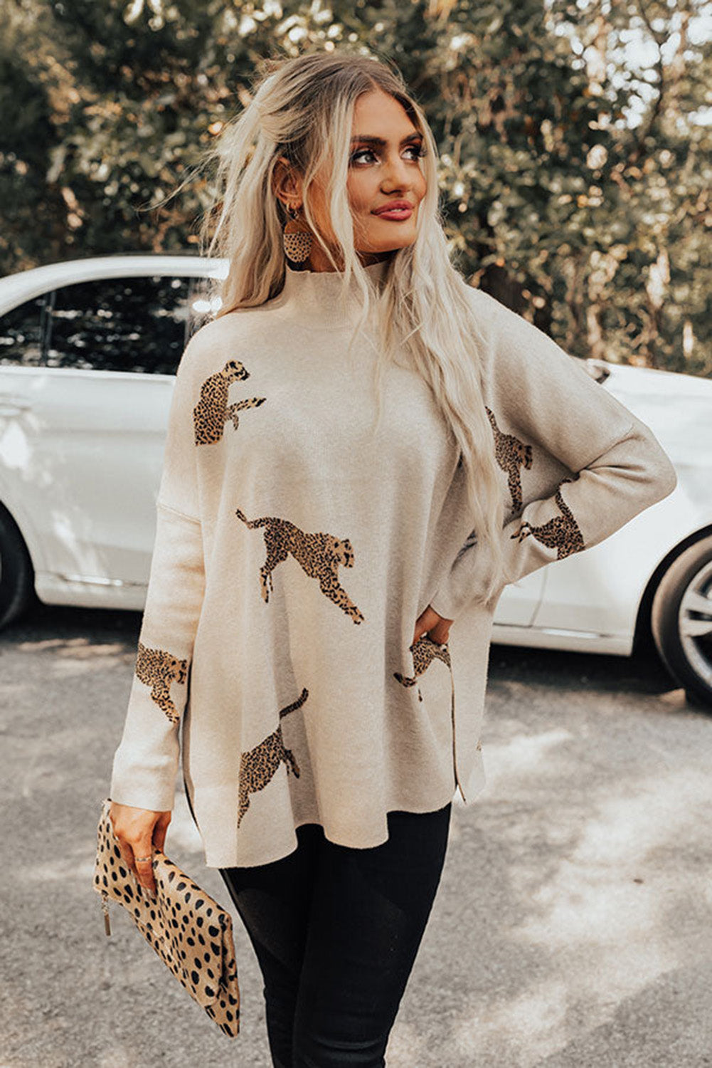 Lively Cheetah High Neck Split Hem Sweater