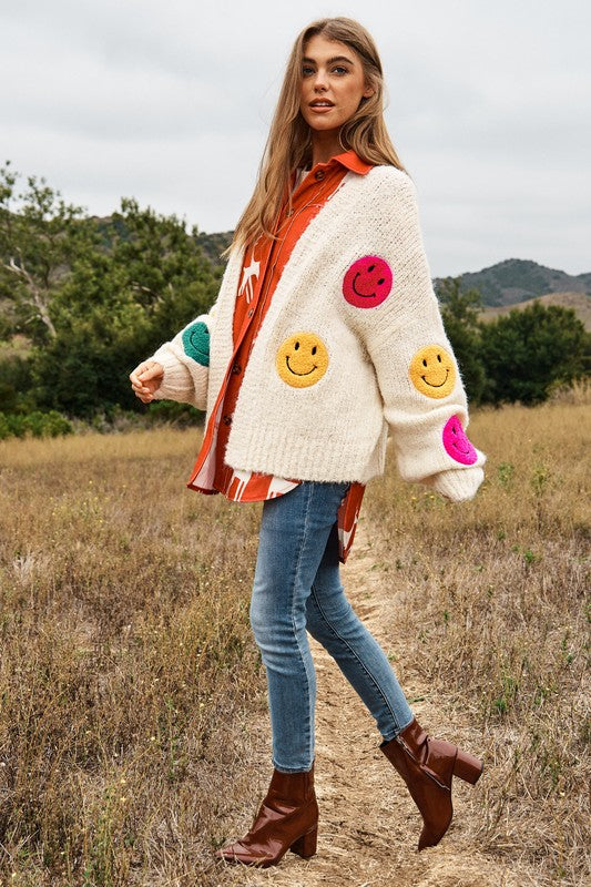 Fuzzy Smile Long Bell Sleeve Knit Cardigan