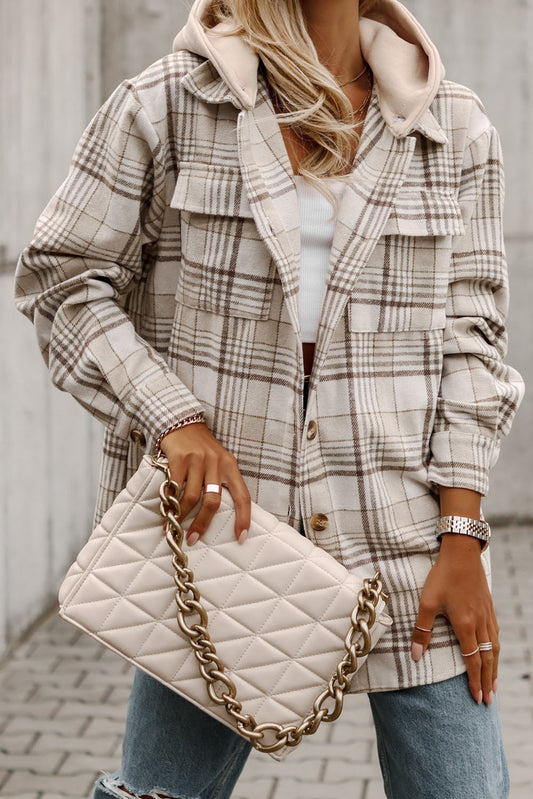 Khaki Plaid *Removable Hood* Buttoned Shacket