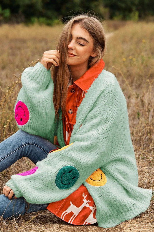 Fuzzy Smile Long Bell Sleeve Knit Cardigan