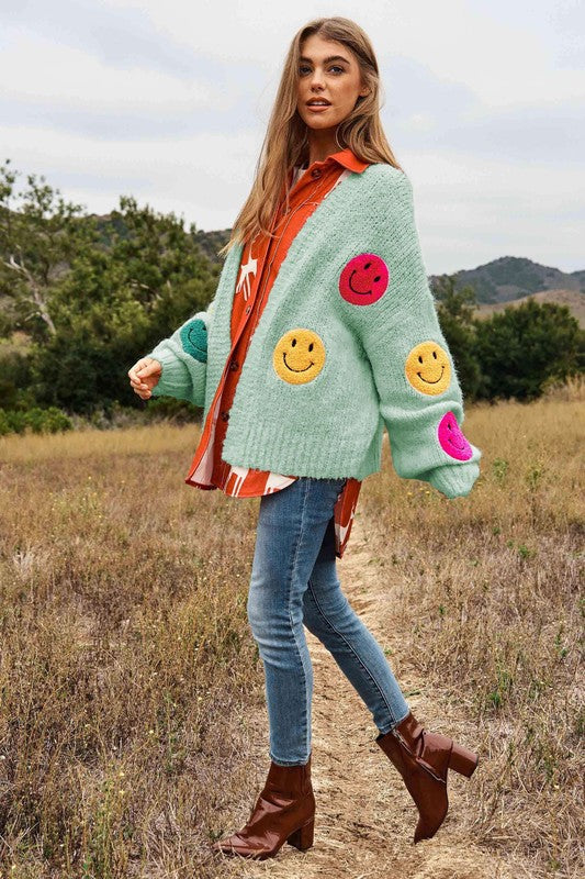 Fuzzy Smile Long Bell Sleeve Knit Cardigan