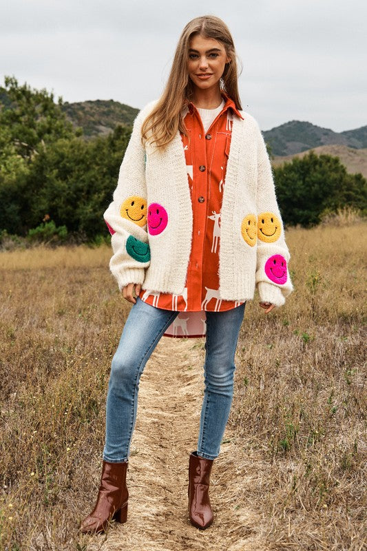 Fuzzy Smile Long Bell Sleeve Knit Cardigan