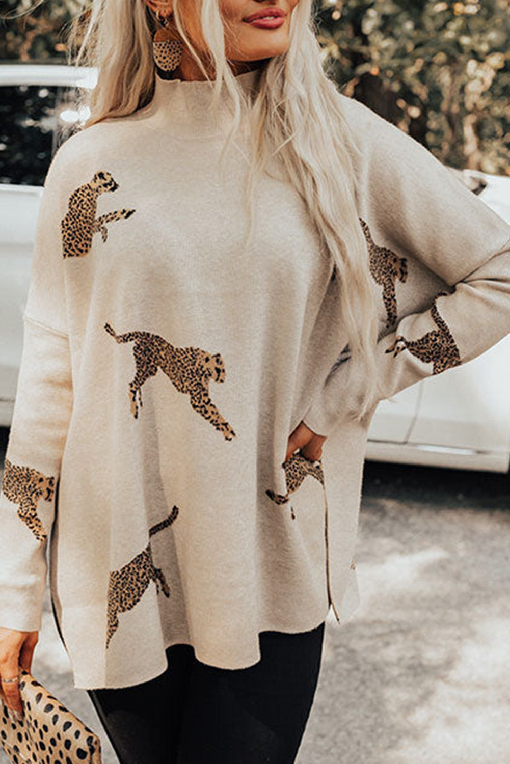 Lively Cheetah High Neck Split Hem Sweater