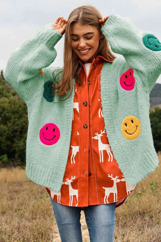 Fuzzy Smile Long Bell Sleeve Knit Cardigan