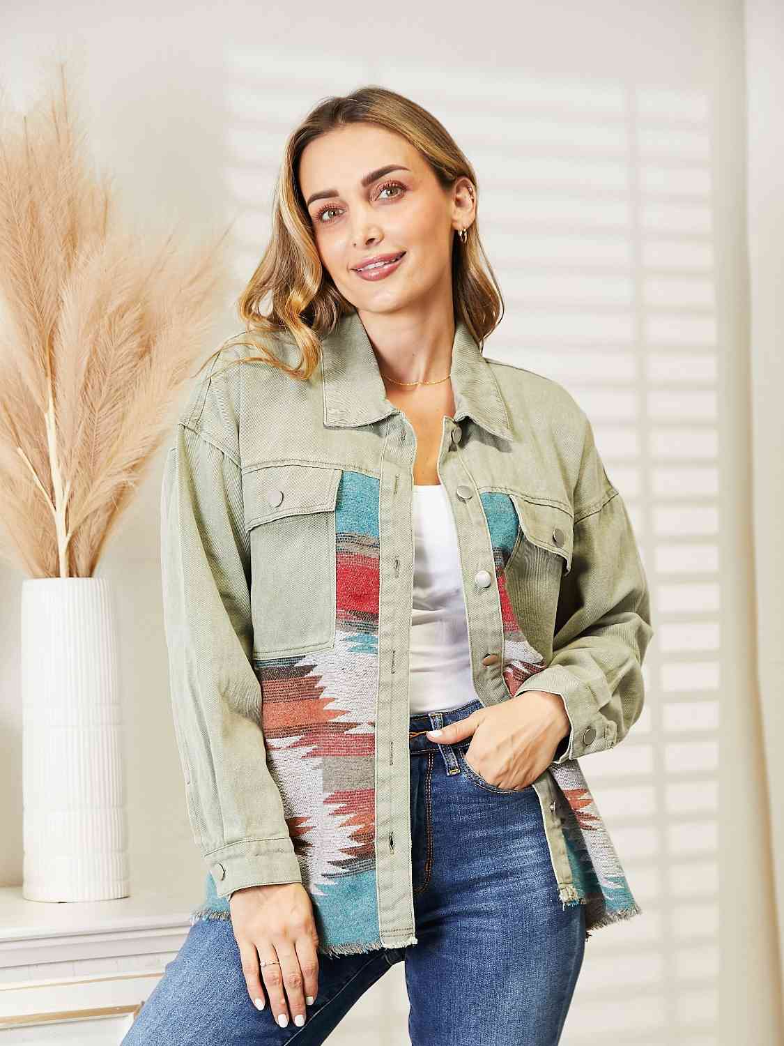 Dropped Shoulder Long Sleeve Printed Denim Jacket